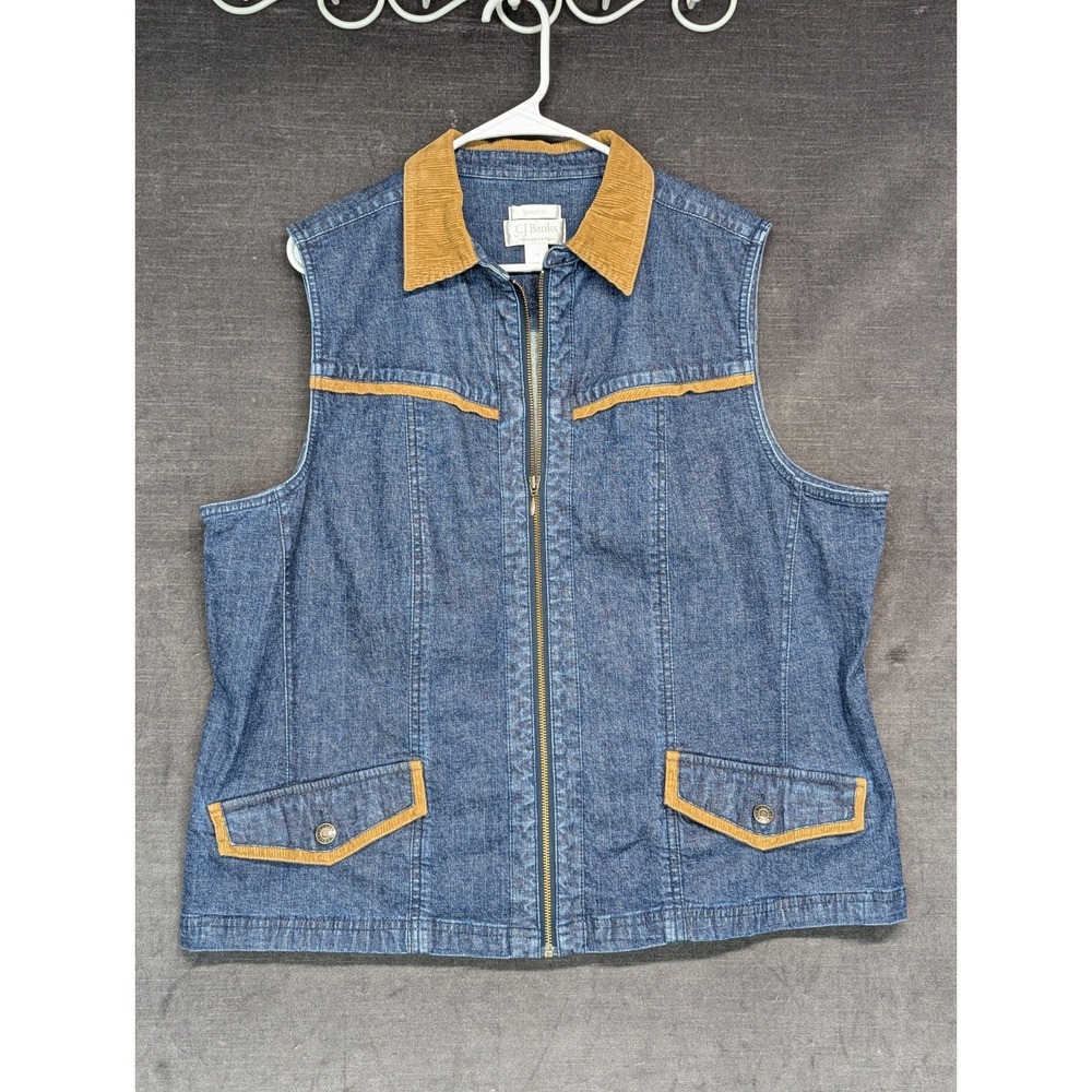 CJ Banks Denim Vest Brown Corduroy Trim Cabin Core Cottage Stretch Plus Size 1X